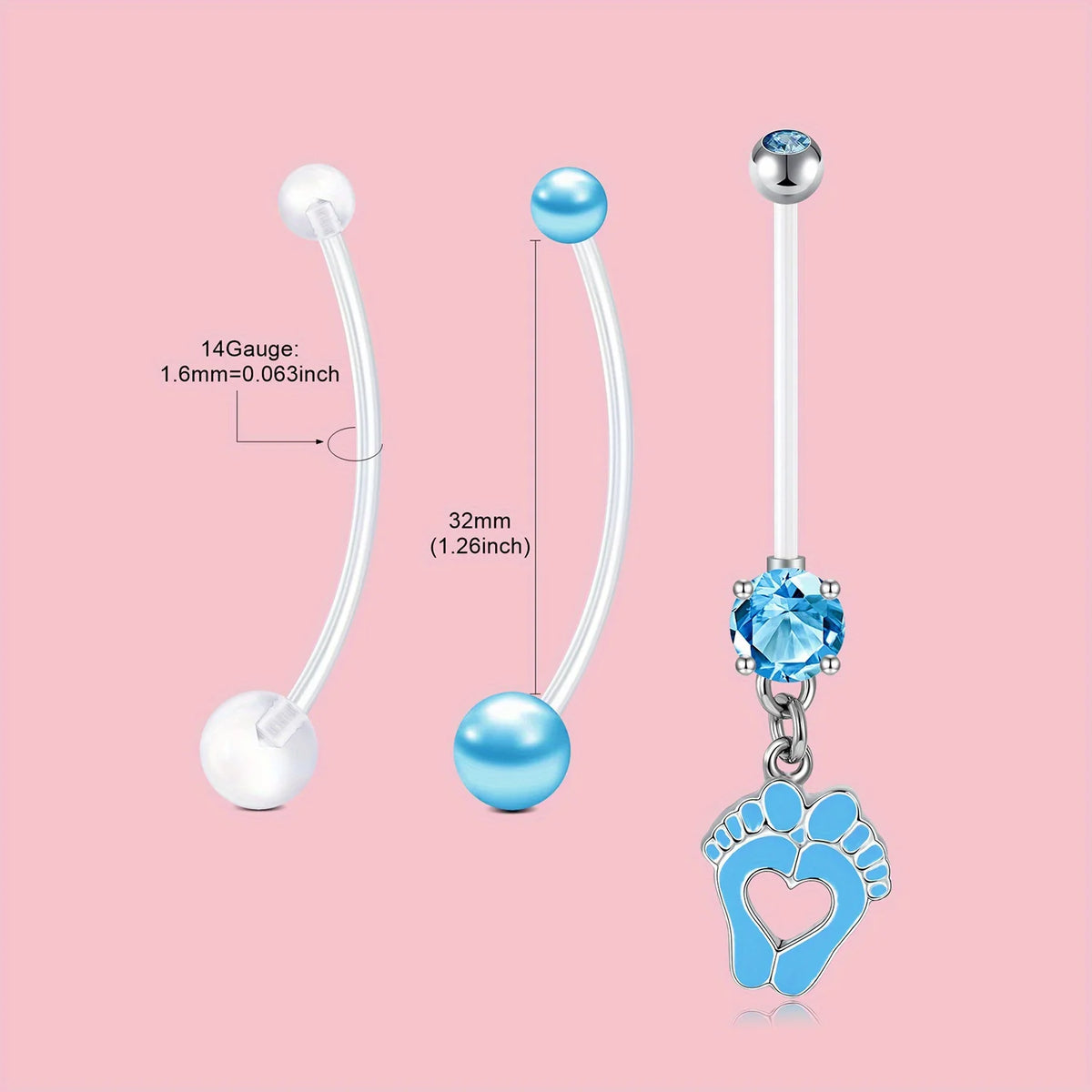 A set of elegant belly button rings featuring silver and blue beads and a paw print charm.