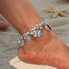 A close-up of a vintage gold elephant charm bracelet worn on a wrist against a sandy background.