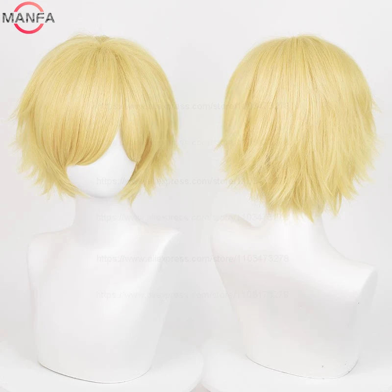 Peluca rubia con capas cortas mostrada en un maniquí.