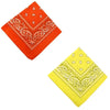 A set of two bohemian print bandana fabric items, one orange and one yellow.