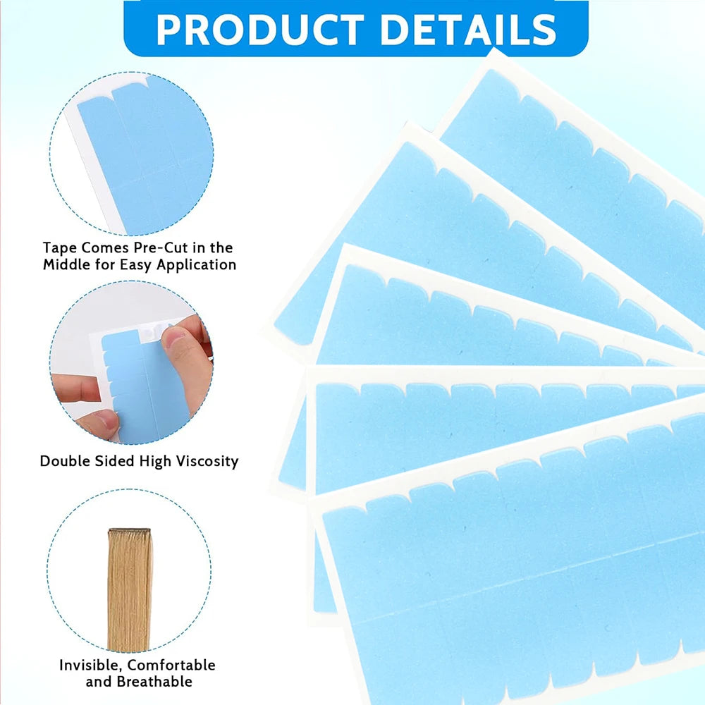 Blue double-sided adhesive tape for hair extensions, pre-cut and invisible