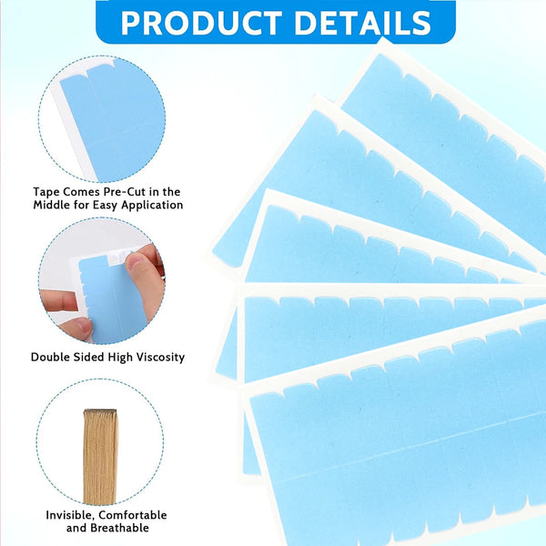 Blue double-sided adhesive tape for hair extensions, pre-cut and invisible