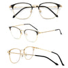 A set of black and gold metal eyeglasses shown in multiple views.