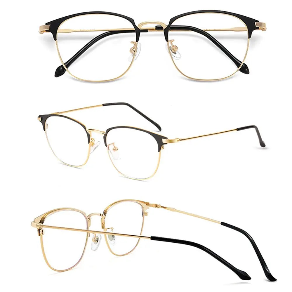 A set of black and gold metal eyeglasses shown in multiple views.