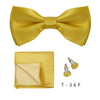 A golden yellow bow tie and cufflinks set displayed on a white background.