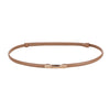 A tan skinny leather belt with a gold buckle shown against a white background.