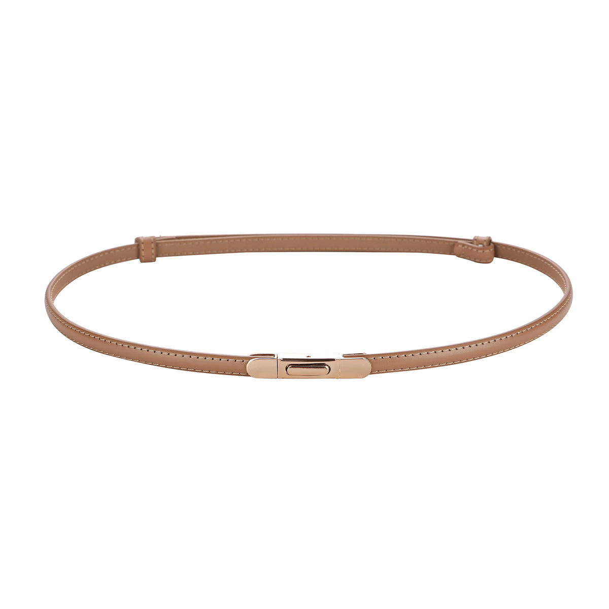 A tan skinny leather belt with a gold buckle shown against a white background.
