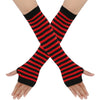 Elegant knitted fingerless gloves with horizontal red and black stripes shown on a hand.