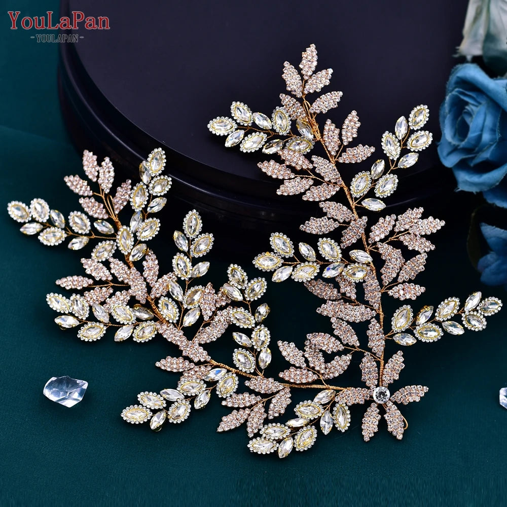 Gold-toned rhinestone bridal headpiece featuring intricate floral and leaf designs