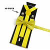 A set of yellow and black suspenders with a bow tie, shown against a white background.