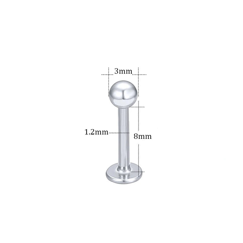 A silver stainless steel labret lip ring with a 3mm ball and an 8mm shaft.