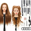 A set of professional cosmetology practice mannequin heads featuring long brown hair and various styling tools.