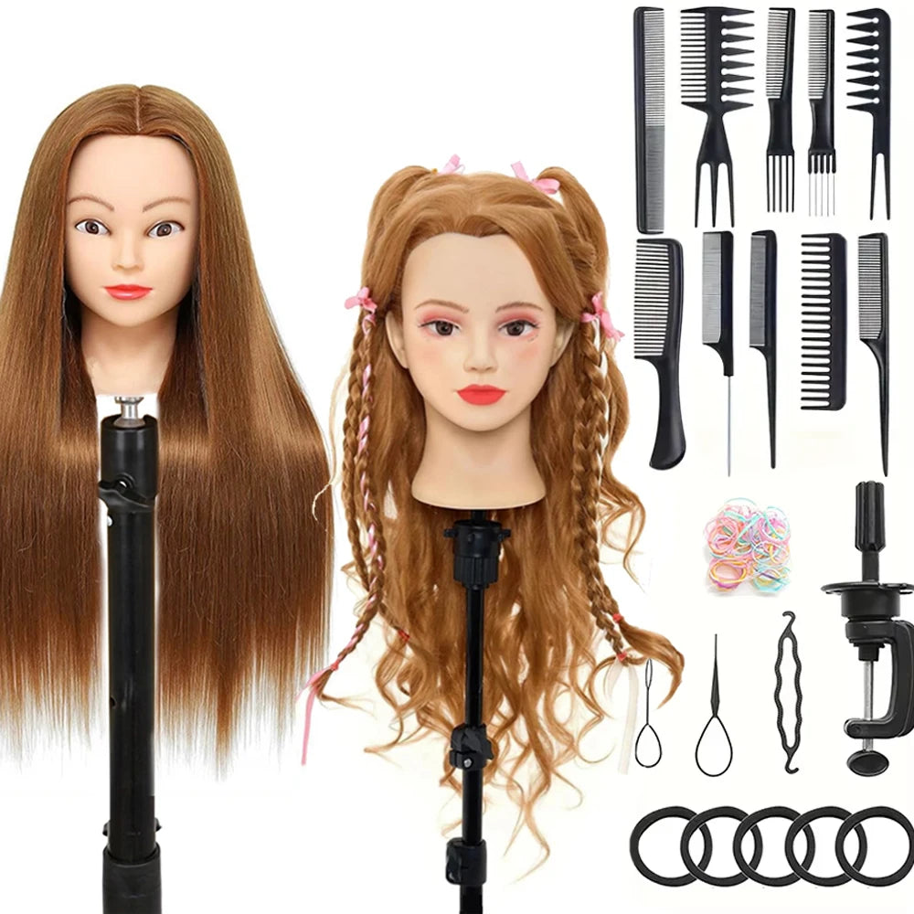 A set of professional cosmetology practice mannequin heads featuring long brown hair and various styling tools.