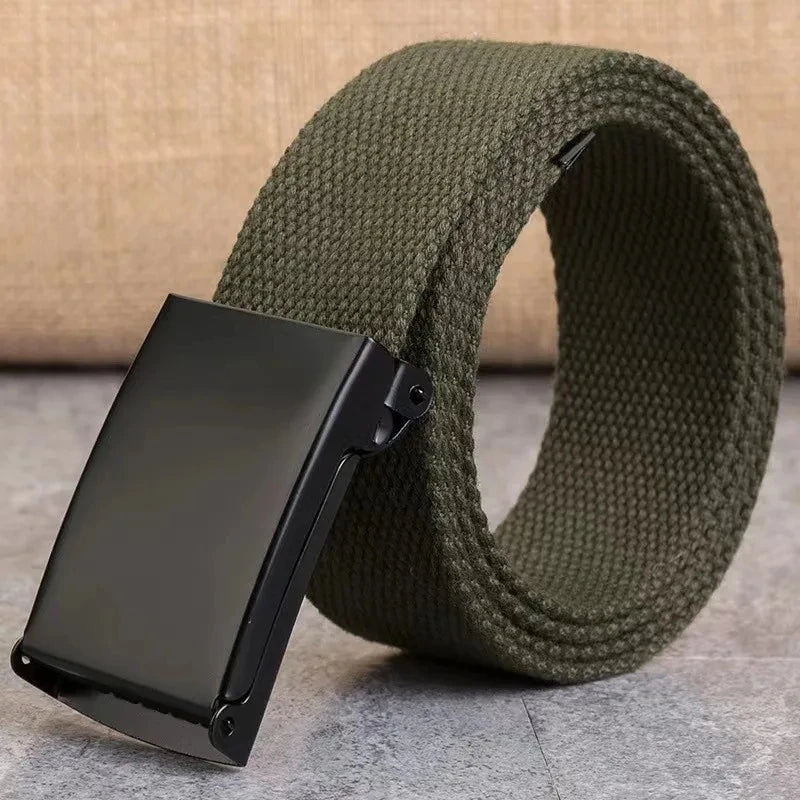 A dark olive green canvas tactical waist belt is shown coiled next to a black rectangular pouch.