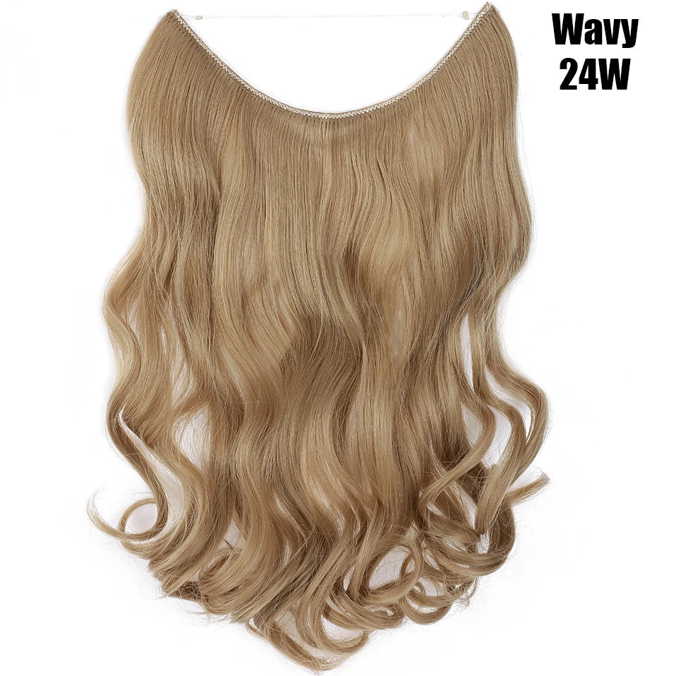 A bundle of wavy, light blonde hair extensions with invisible wires.