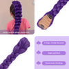 Vibrant purple braided hair extensions shown in a ponytail and as a loose braid with a wooden clip.