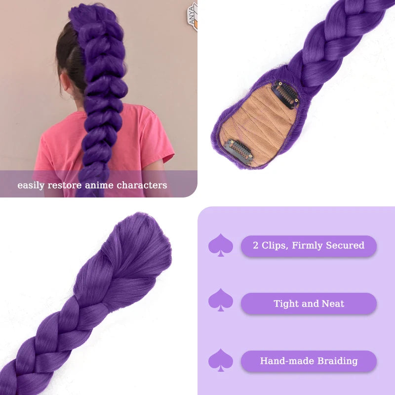 Vibrant purple braided hair extensions shown in a ponytail and as a loose braid with a wooden clip.