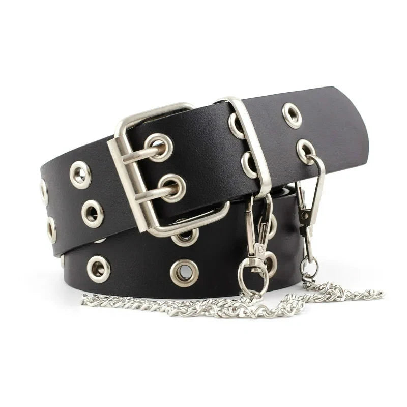 A black leather belt with a silver buckle and double holes is shown against a white background.