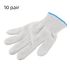A pair of white cotton thread work gloves with blue trim shown flat.