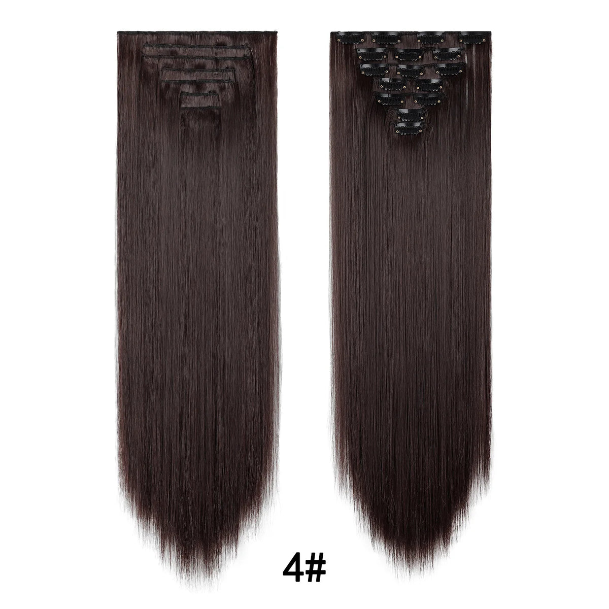A pair of dark brown 24-inch clip-in hair extensions showing straight, glossy hair strands.