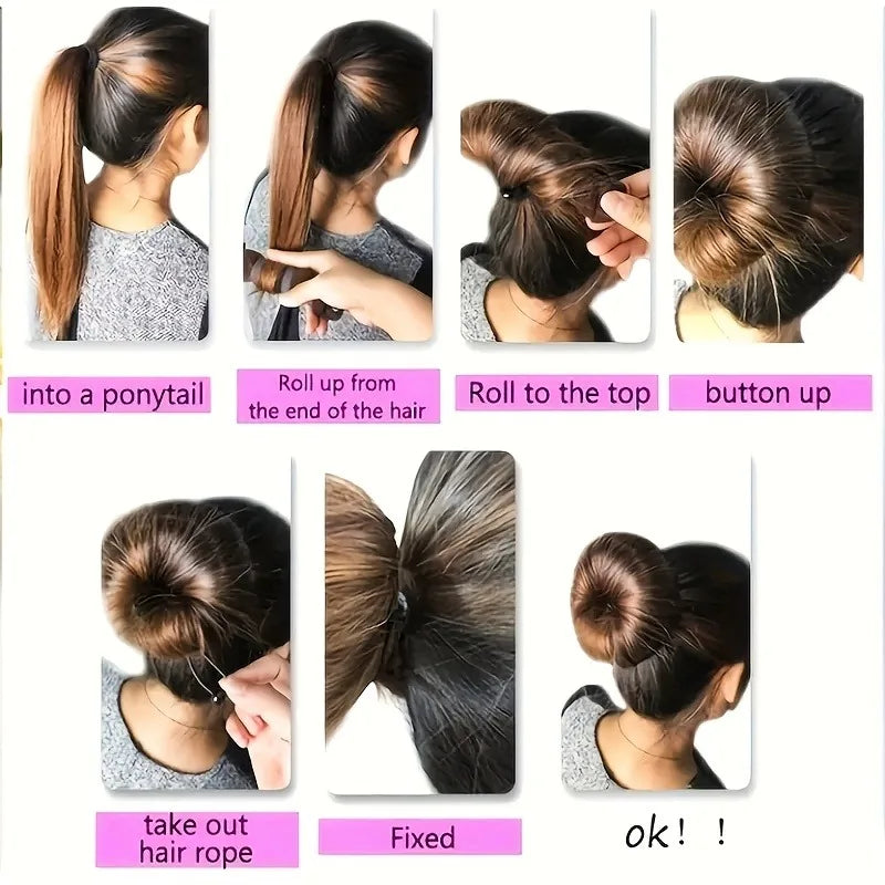 Demonstration of various hairstyles including a ponytail, top knot, and buttoned up bun using an elegant gauze hair bun tool.