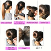 Demonstration of various hairstyles including a ponytail, top knot, and buttoned up bun using an elegant gauze hair bun tool.