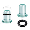 A clear glass ear stretching plug with a black ring and a separate black rubber ring.