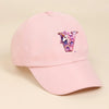 A pink baseball cap featuring a colorful unicorn design on the front.