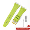 A lime green silicone watch band with a quick-release buckle and multiple holes for a sport watch.