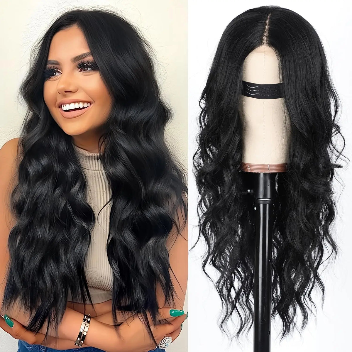 A long wavy lace front wig displayed on a mannequin head.