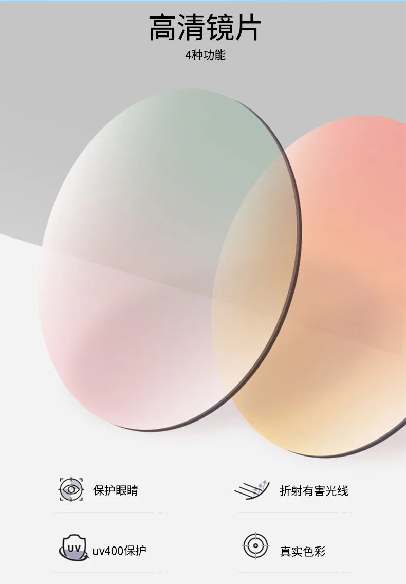 Close-up of a clear lens product showing four functions including eye protection, UV400 protection, and true color.