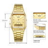 A gold-toned watch with a rectangular face and bracelet, featuring a crown show and button show.