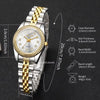 A silver and gold rhinestone quartz wristwatch shown with detailed measurements.