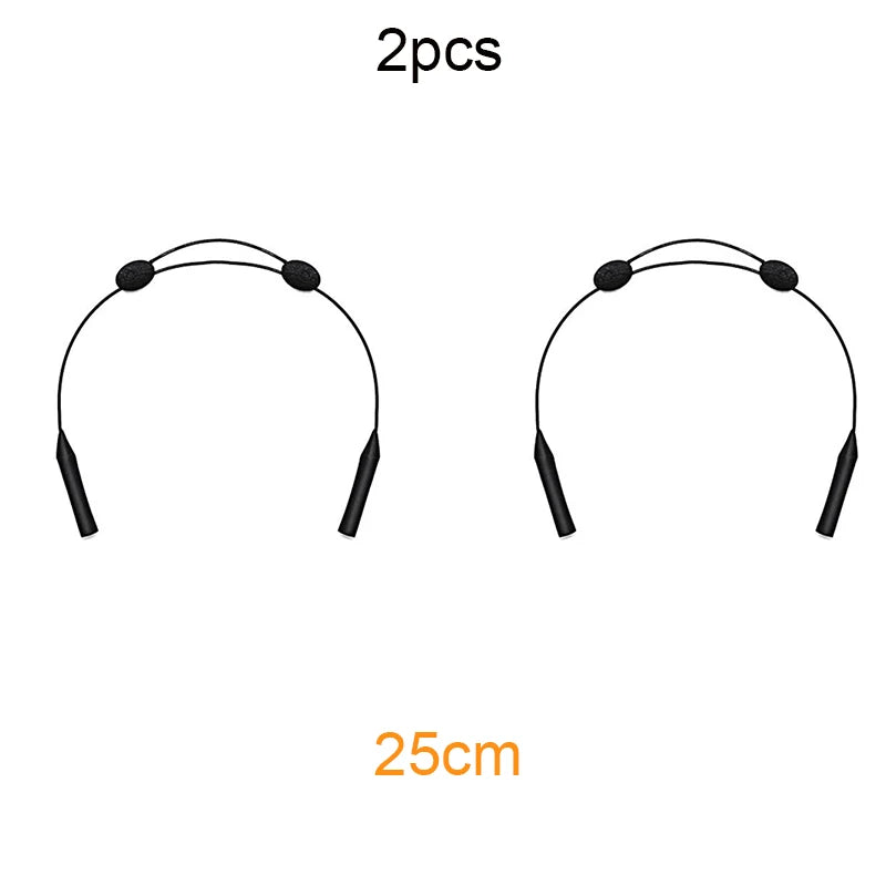 Two adjustable silicone eyewear straps, 25cm long.