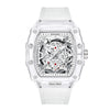 A white luminous calendar men's quartz watch with a clear case and silver accents.