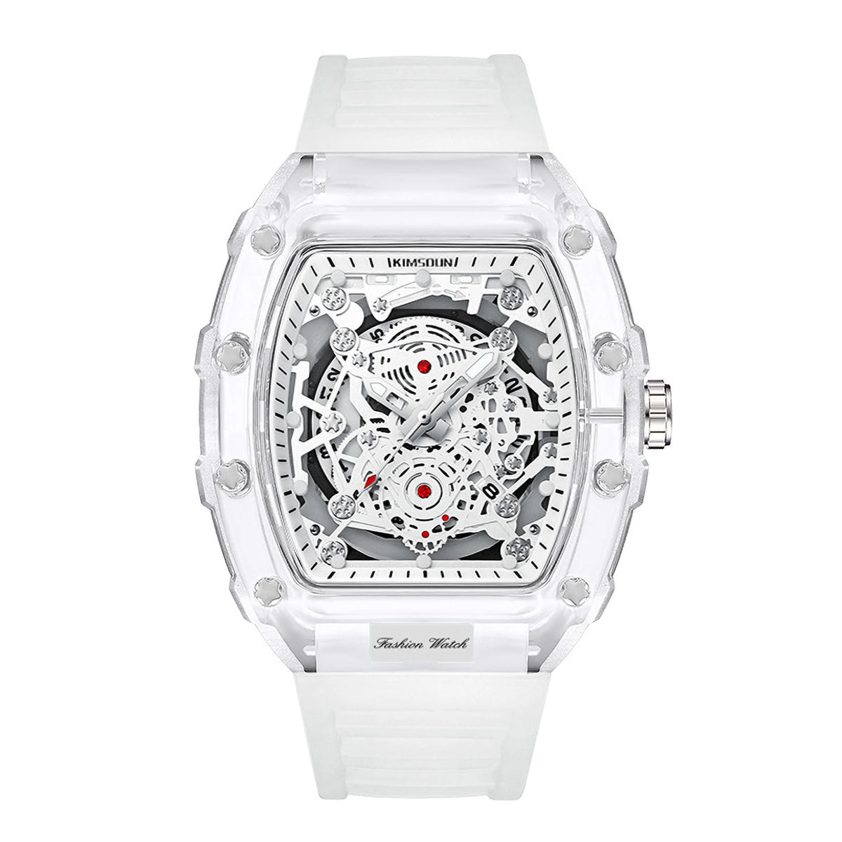 A white luminous calendar men's quartz watch with a clear case and silver accents.