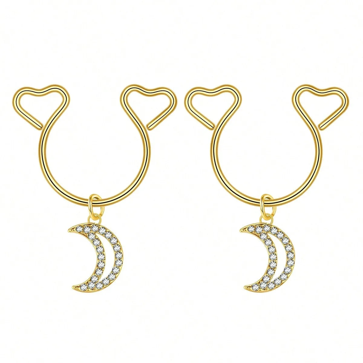 Gold heart dangle non-piercing nipple rings with cubic zirconia charms