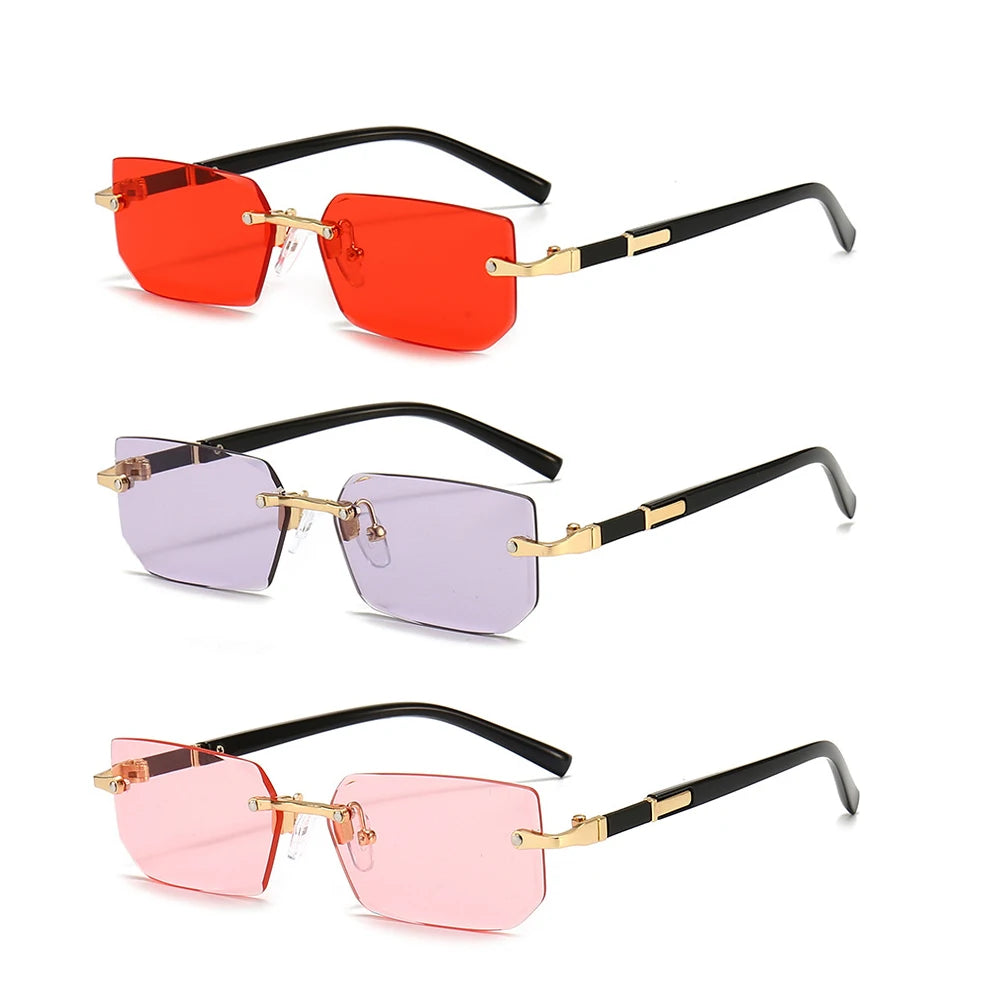 Rimless rectangle sunglasses shown in red, purple, and pink frames with gold accents