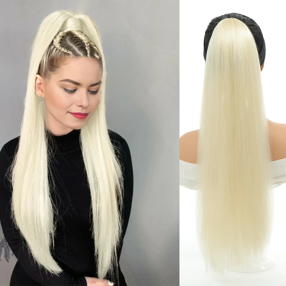 A woman modeling an ultra-long straight blonde hair wig with a black turtleneck top.