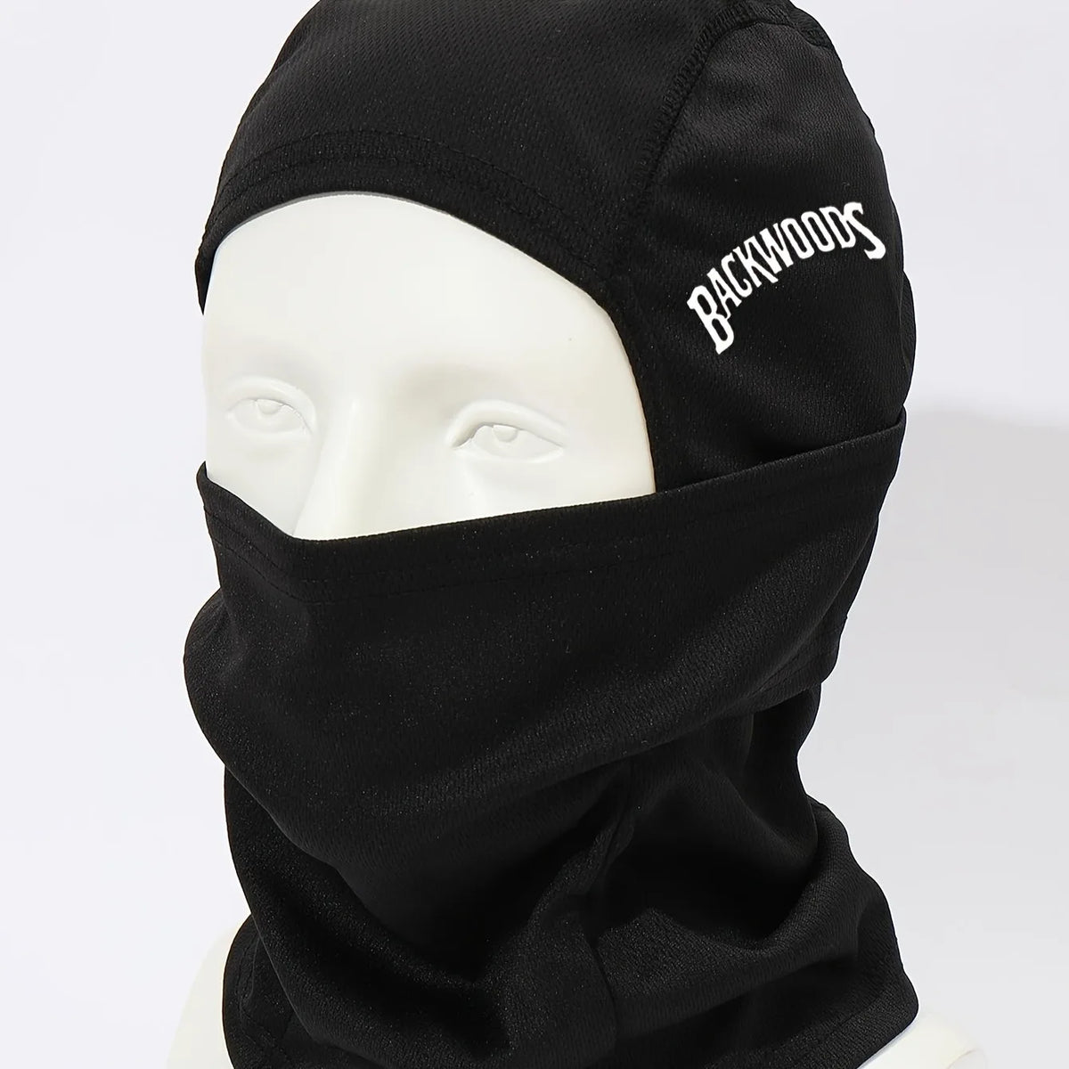 Black breathable windproof balaclava hat worn on a mannequin's head