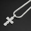 A sparkling rhinestone cross pendant necklace displayed against a dark background.