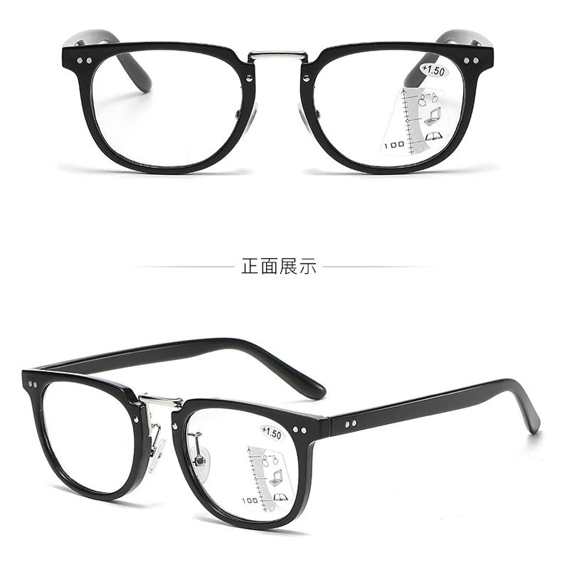 A pair of black multifocal reading glasses shown in a frontal view with a diagram illustrating magnification.