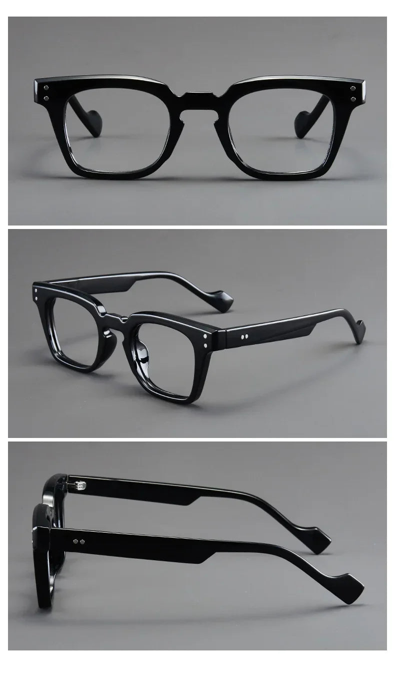 Un ensemble de lunettes de lecture anti-lumière bleue noires présentées sous trois styles et angles différents.