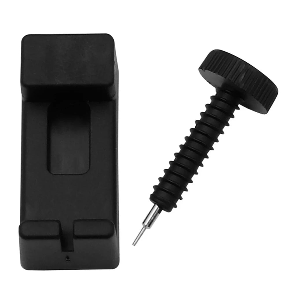 A black precision watch band link pin remover tool with a threaded shaft and a square body.