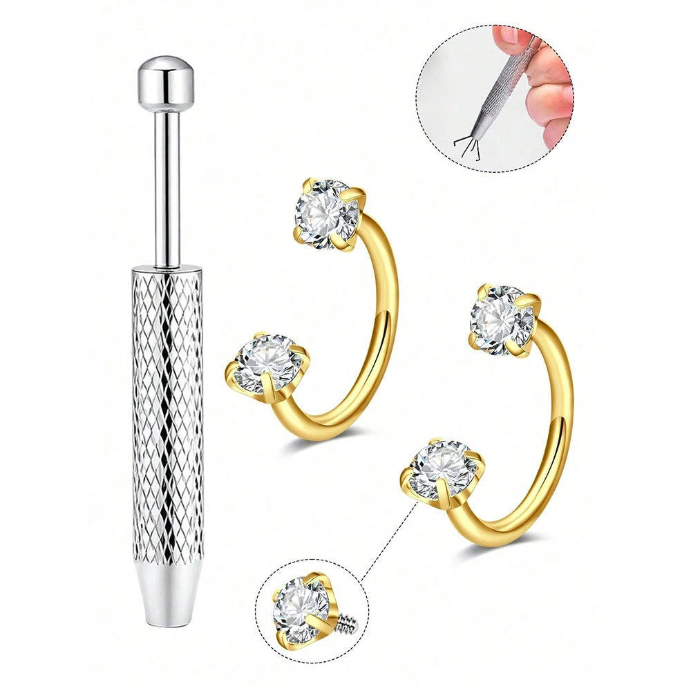 Stainless steel horseshoe nose studs with ball grabber and gold-colored hoop earrings shown in detail