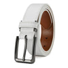 A white leather belt with a silver automatic buckle shown from the side.