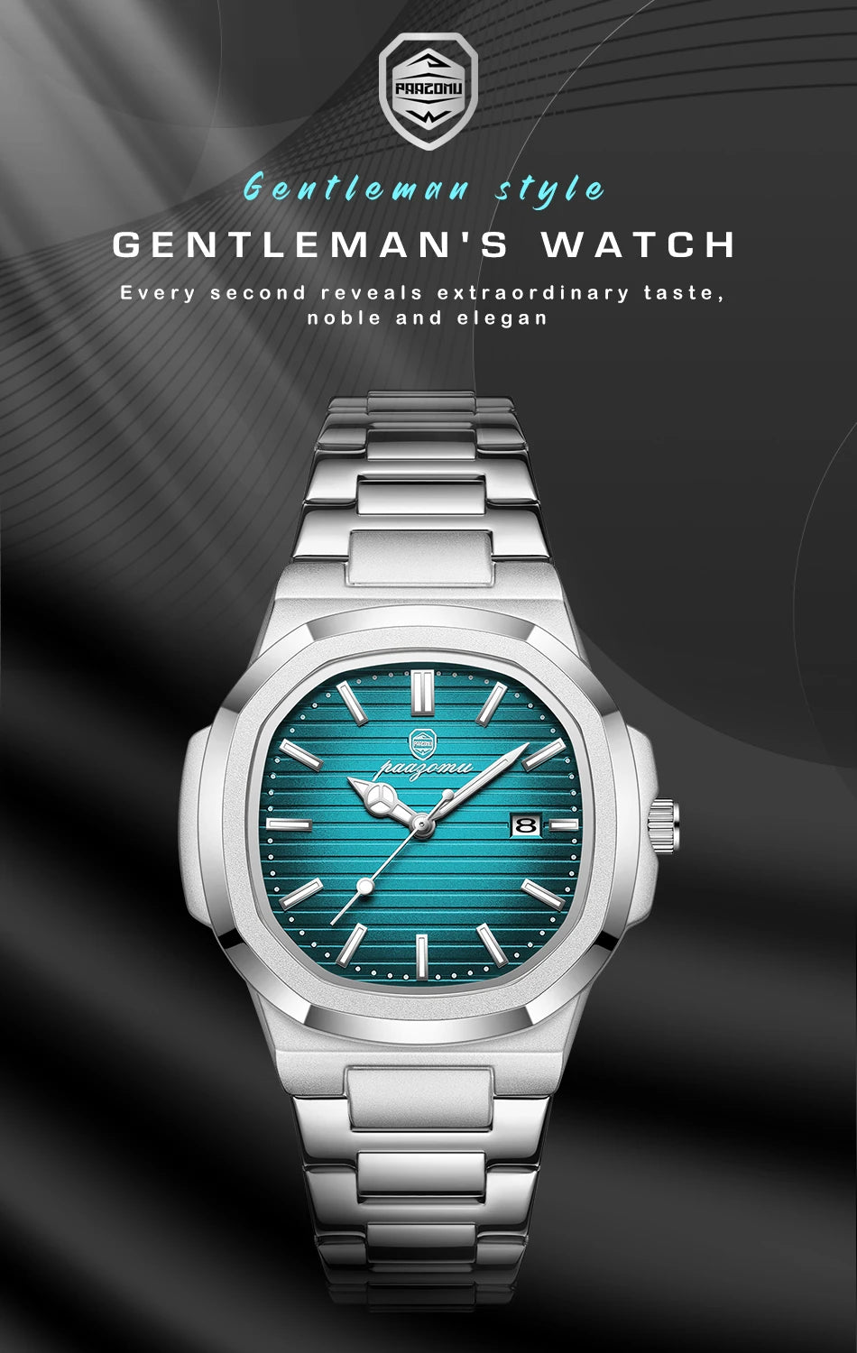 A silver men's watch with a blue dial and green bezel displayed against a dark background.