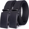 Black tactical canvas utility belt with black buckle and woven strap shown from the side.