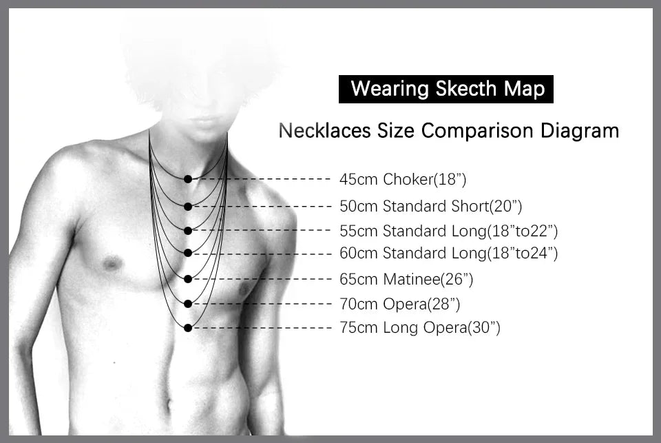 Diagram comparing various necklace sizes for a saint benedict exorcism pendant