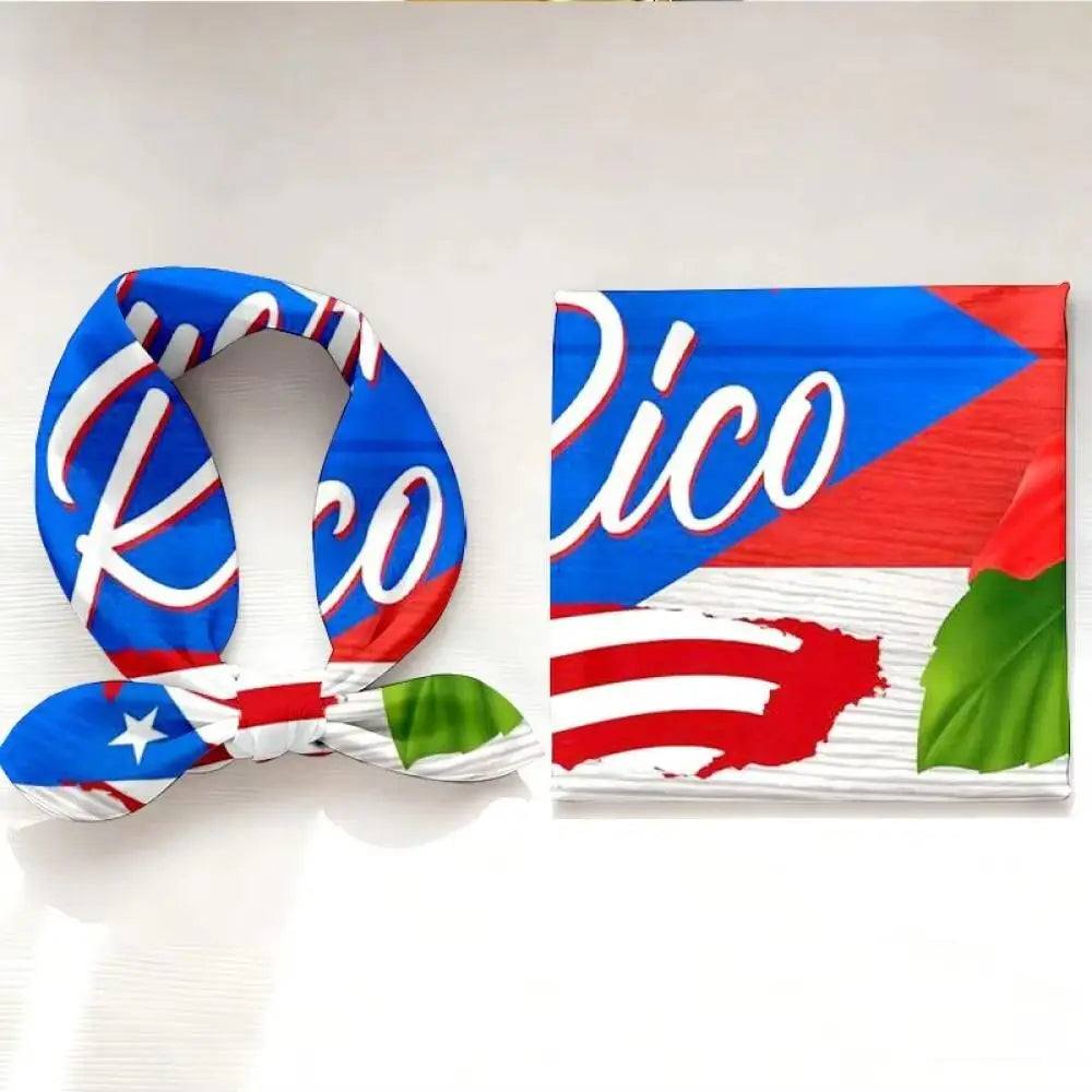 Pañuelo cuadrado con estampado de los colores y franjas de la bandera de Puerto Rico.